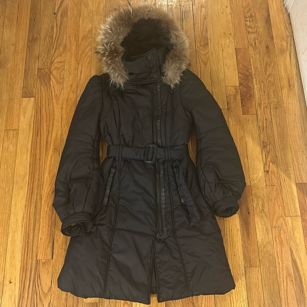 Mackage black puffer long belted coat  genuine fur hood leather trim size medium